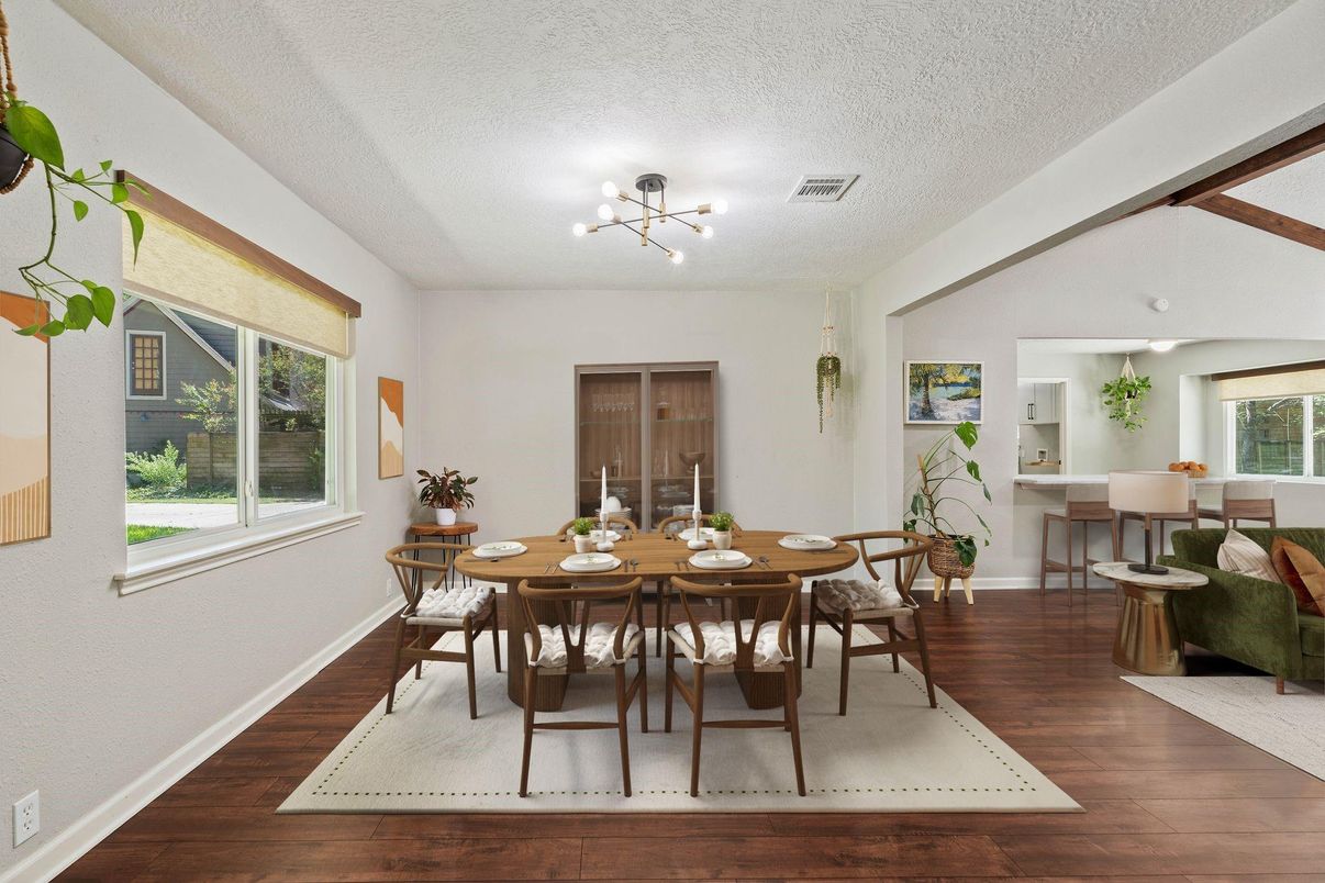 Dining room, Interior, Pendant Lights, Wood Texture Flooring