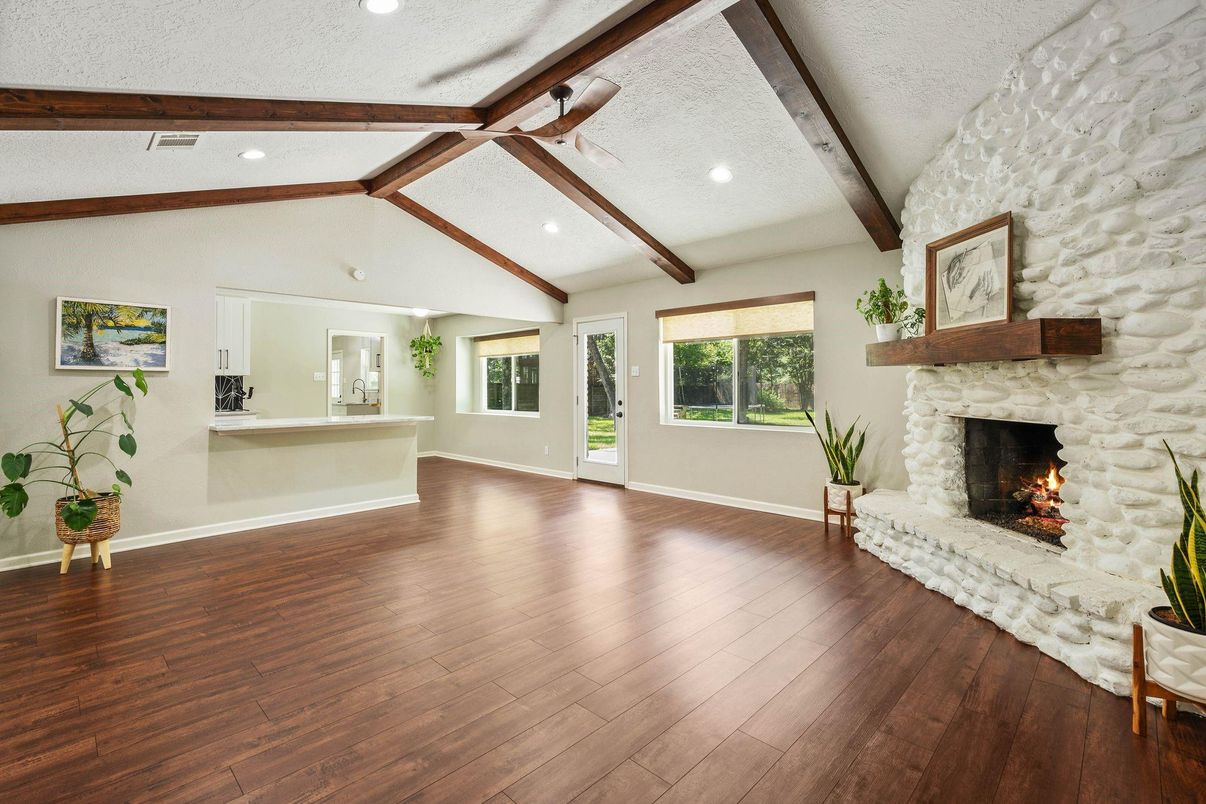 Empty room, Fireplace, Interior, Recessed Lighting, Wooden Beams, Wood Texture Flooring