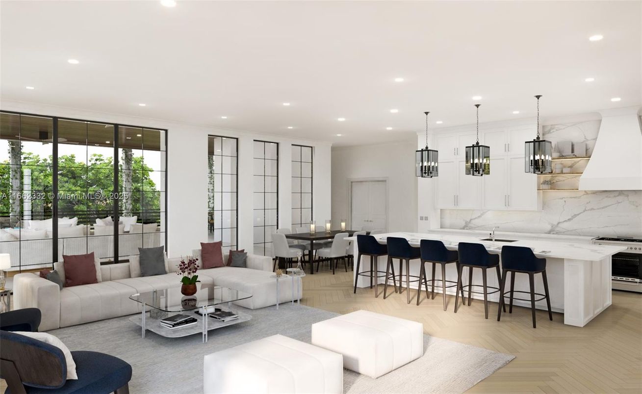 Dining room, Interior, Kitchen, Living room, Marble Walls, Pendant Lights, Recessed Lighting, Stainless Steel Appliances, Wood Texture Flooring