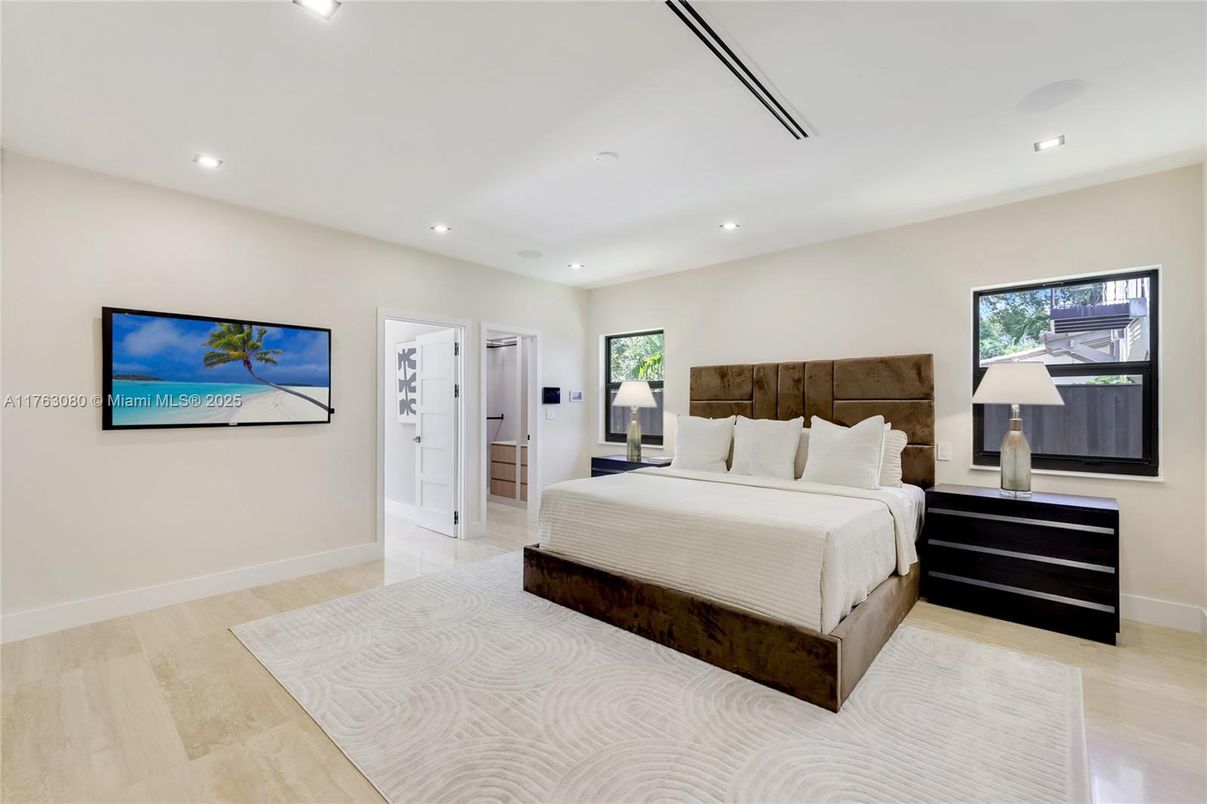 Bedroom, Interior, Recessed Lighting, Wood Texture Flooring