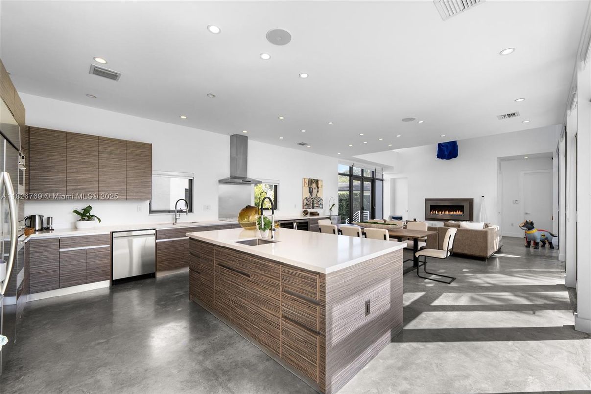 Dining room, Fireplace, Interior, Kitchen, Living room, Recessed Lighting, Stainless Steel Appliances