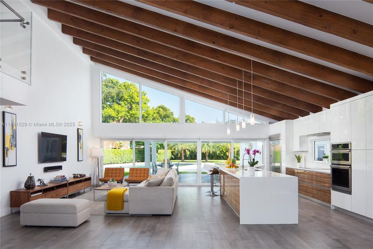 Interior, Kitchen, Living room, Pendant Lights, Stainless Steel Appliances, Wooden Beams, Wood Texture Flooring