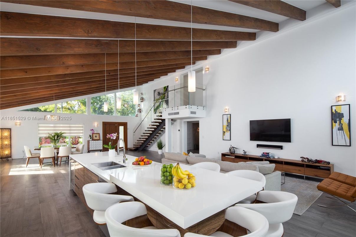 Dining room, Interior, Living room, Pendant Lights, Wooden Beams, Wood Texture Flooring
