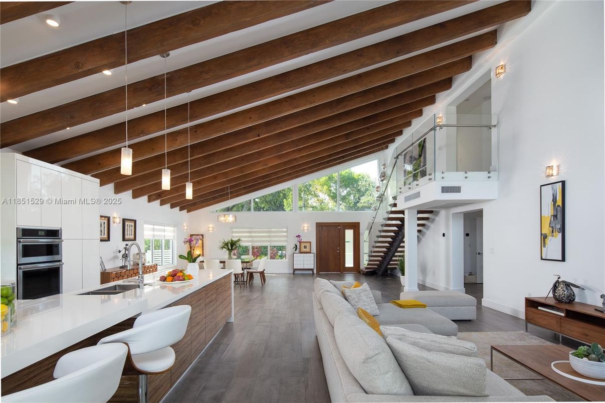 Dining room, Interior, Kitchen, Pendant Lights, Recessed Lighting, Stainless Steel Appliances, Wooden Beams, Wood Texture Flooring