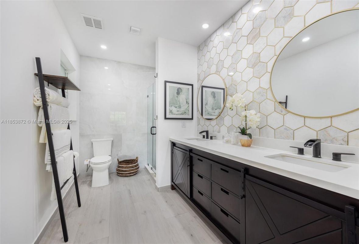 Bathroom, Dual Sink Vanities, Glass Shower, Interior, Recessed Lighting, Wood Texture Flooring