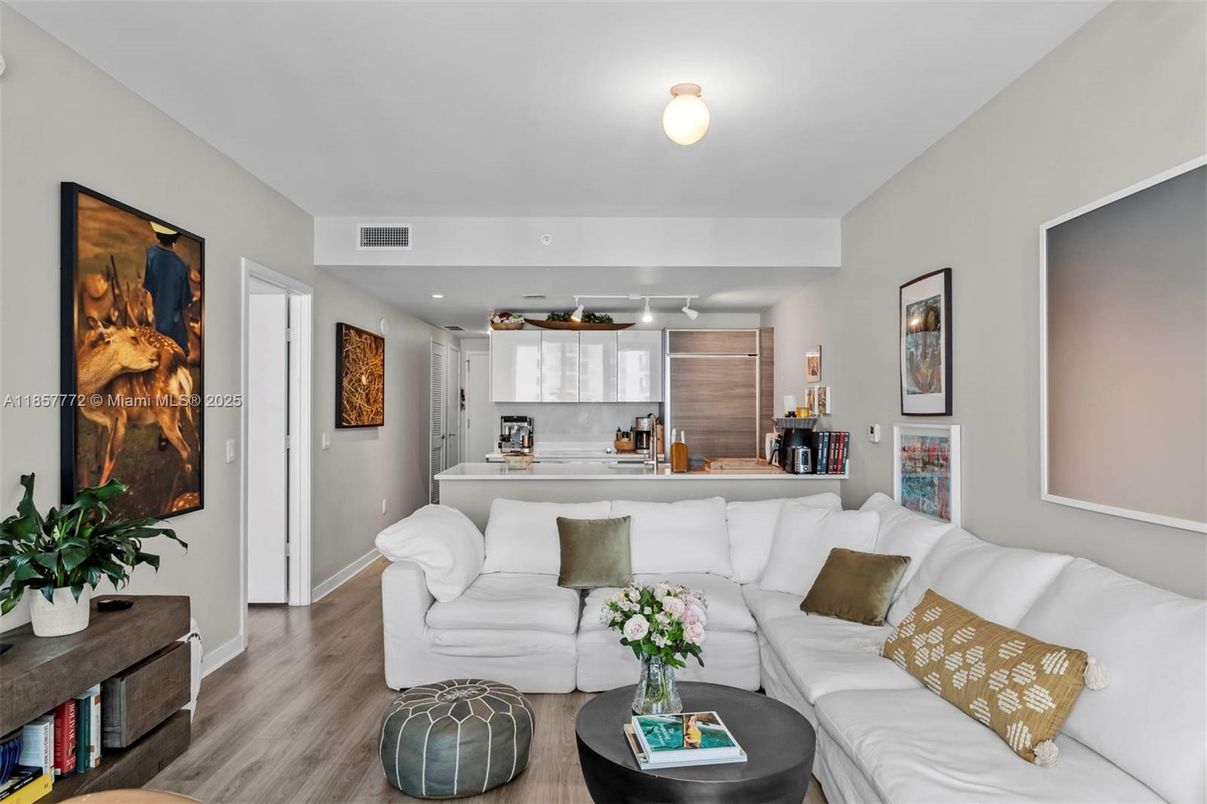 Interior, Kitchen, Living room, Recessed Lighting, Stainless Steel Appliances, Wood Texture Flooring