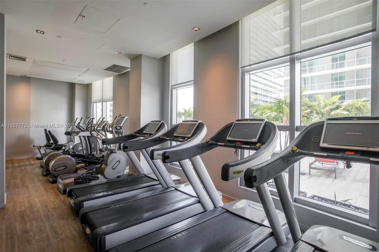 Fitness Equipment, Gym, Interior, Recessed Lighting, Wood Texture Flooring