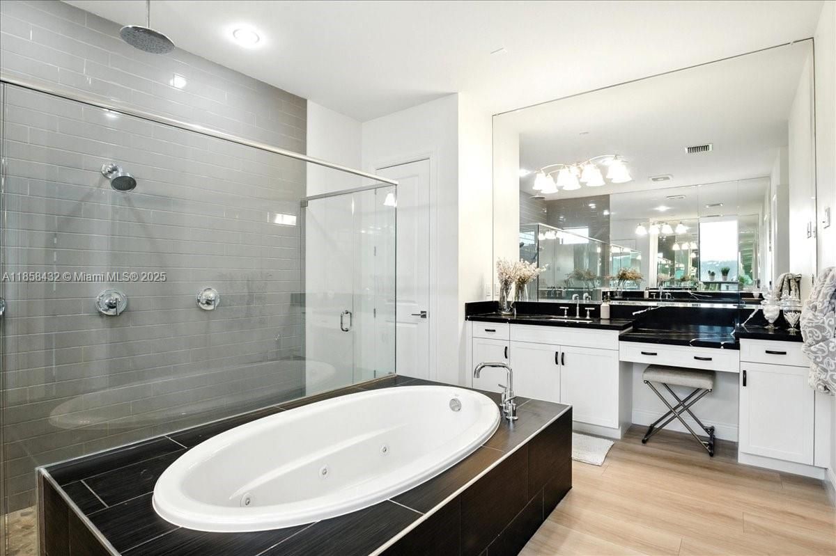 Bathroom, Glass Shower, Interior, Recessed Lighting, Wood Texture Flooring