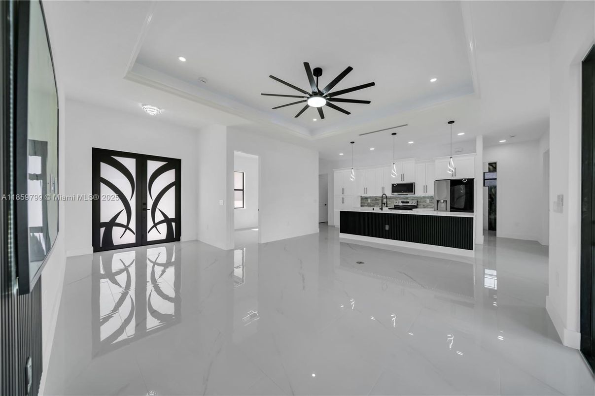 Interior, Kitchen, Marble, Pendant Lights, Recessed Lighting, Stainless Steel Appliances