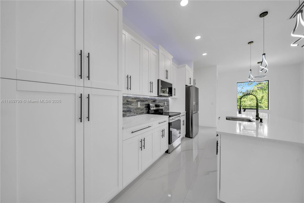 Interior, Kitchen, Marble, Pendant Lights, Recessed Lighting, Stainless Steel Appliances