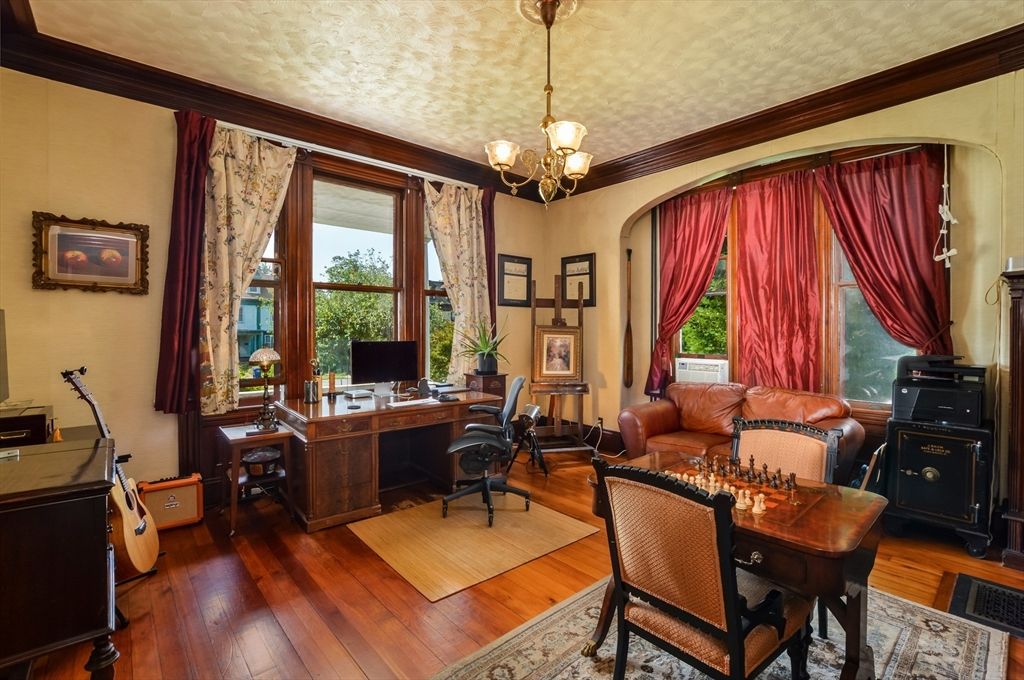 Chandelier, Home Office, Interior, Wood Texture Flooring
