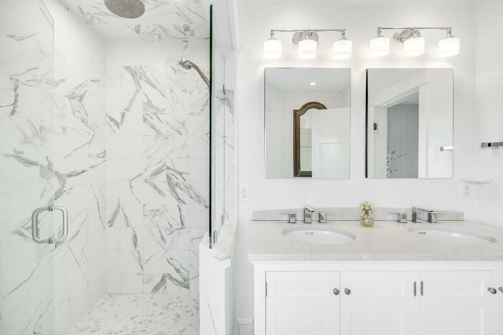Bathroom, Dual Sink Vanities, Glass Shower, Interior, Marble Walls