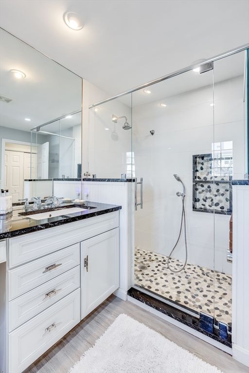 Bathroom, Glass Shower, Interior, Recessed Lighting, Wood Texture Flooring