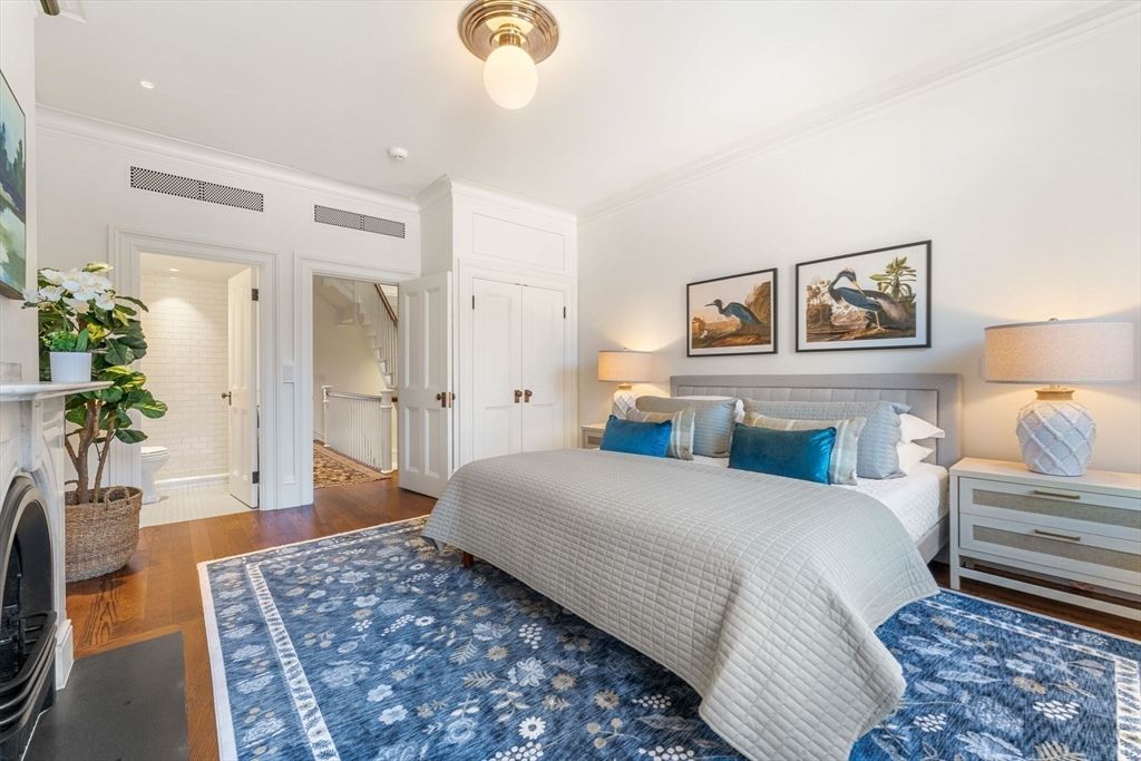 Bedroom, Fireplace, Interior, Recessed Lighting, Wood Texture Flooring