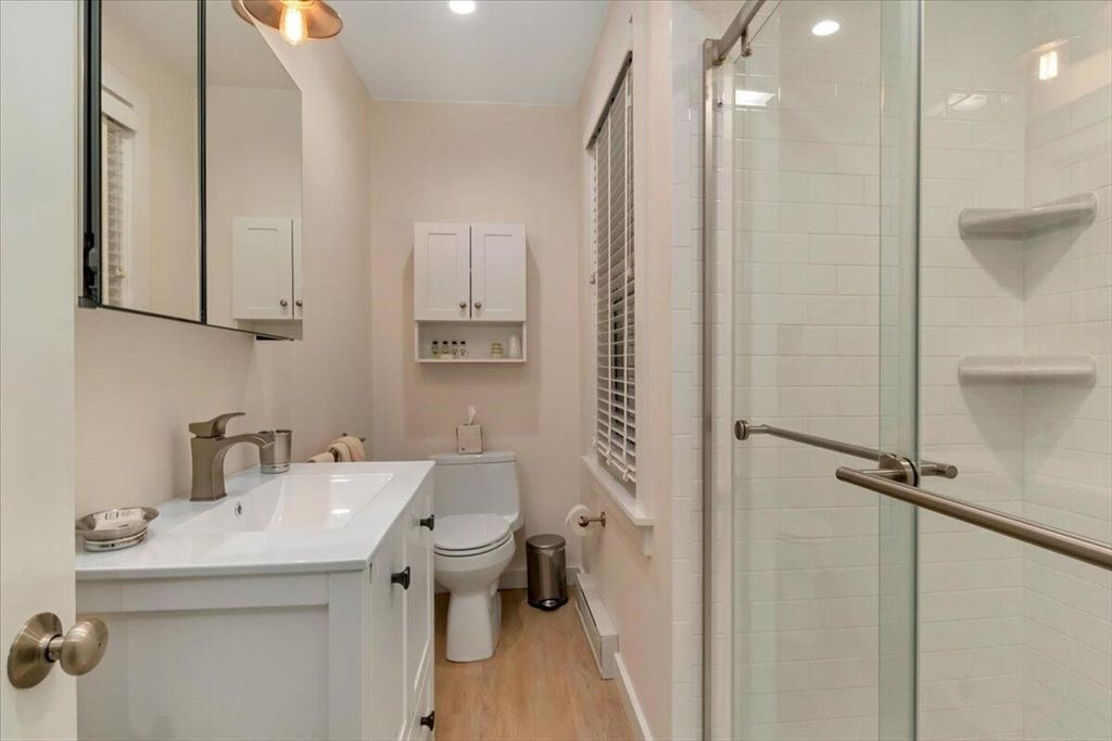 Bathroom, Glass Shower, Interior, Recessed Lighting, Wood Texture Flooring