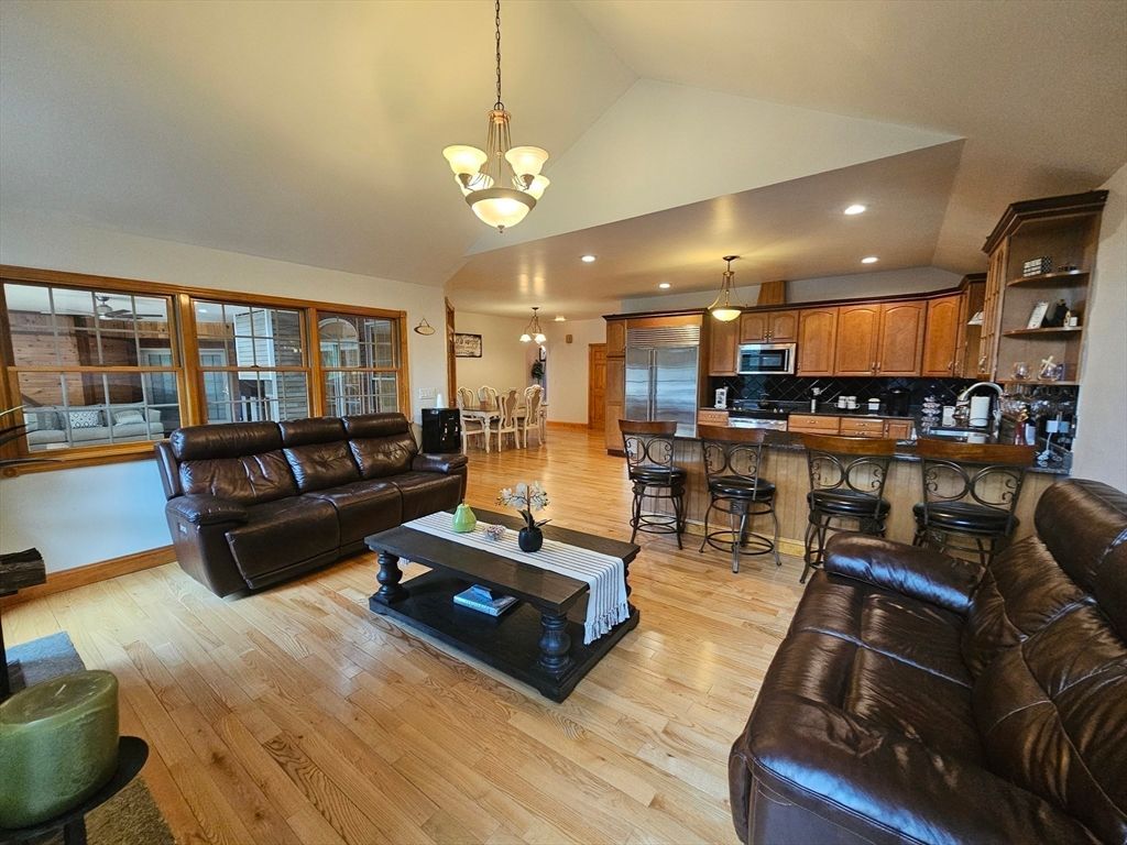 Chandelier, Interior, Kitchen, Living room, Pendant Lights, Recessed Lighting, Wood Texture Flooring