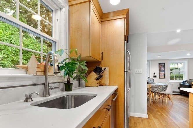 Dining room, Interior, Kitchen, Living room, Recessed Lighting, Wood Texture Flooring