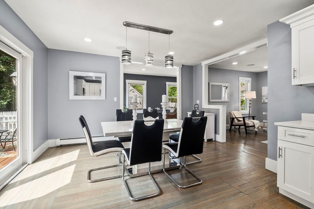 Dining room, Interior, Pendant Lights, Recessed Lighting, Wood Texture Flooring