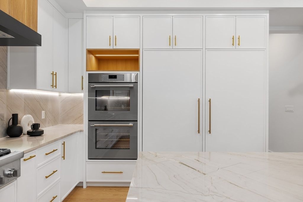 Interior, Kitchen, Marble, Stainless Steel Appliances, Wood Texture Flooring