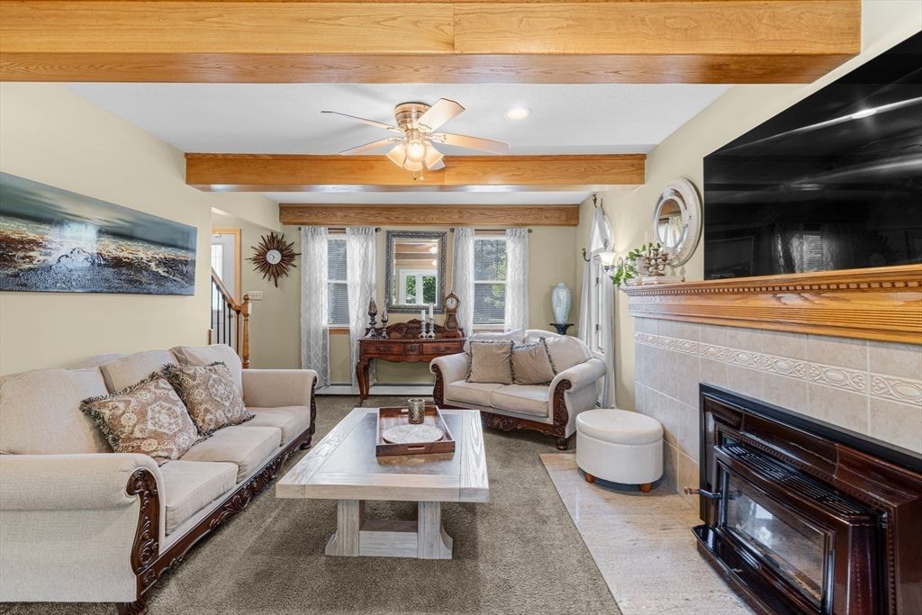 Fireplace, Interior, Living room, Recessed Lighting, Wooden Beams