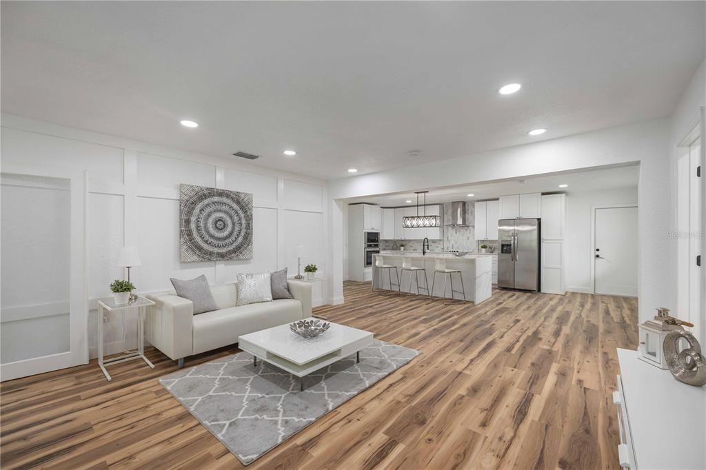Interior, Kitchen, Living room, Pendant Lights, Recessed Lighting, Stainless Steel Appliances, Wood Texture Flooring