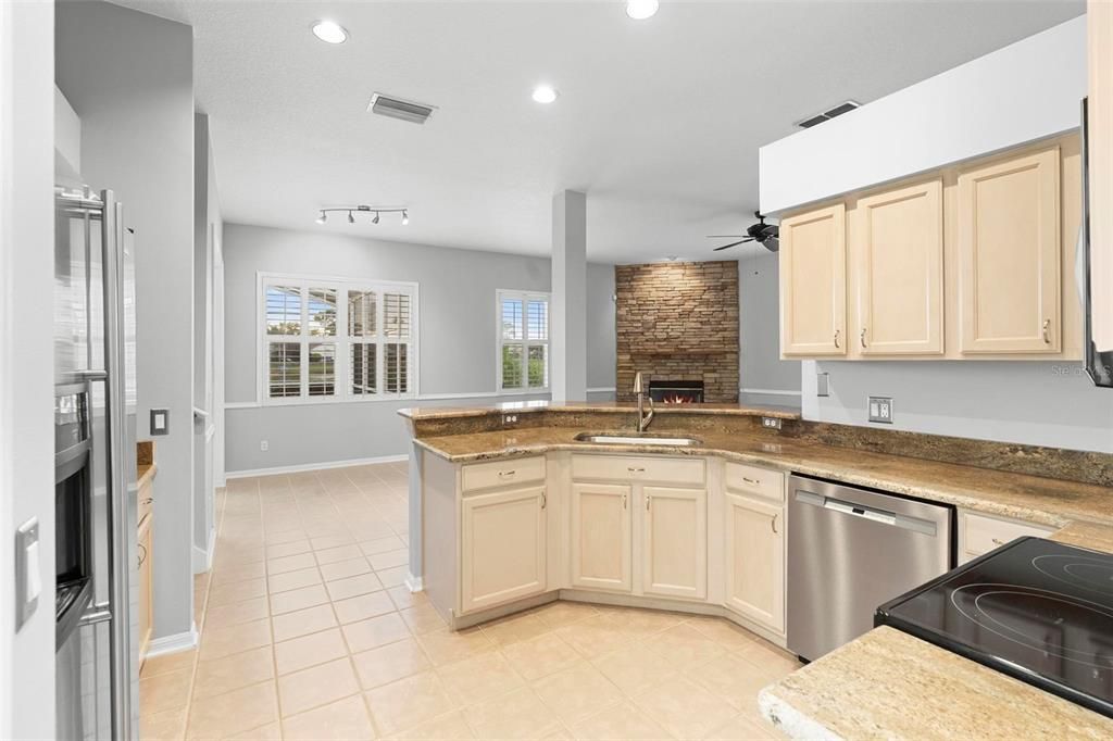 Fireplace, Interior, Kitchen, Recessed Lighting, Stone Walls