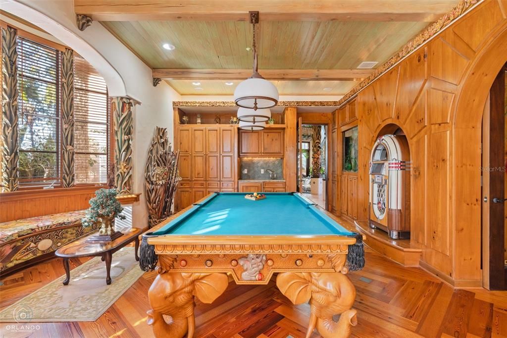 Billiard Table, Game Room, Interior, Recessed Lighting, Wooden Ceilings, Wood Texture Flooring, Wooden Walls