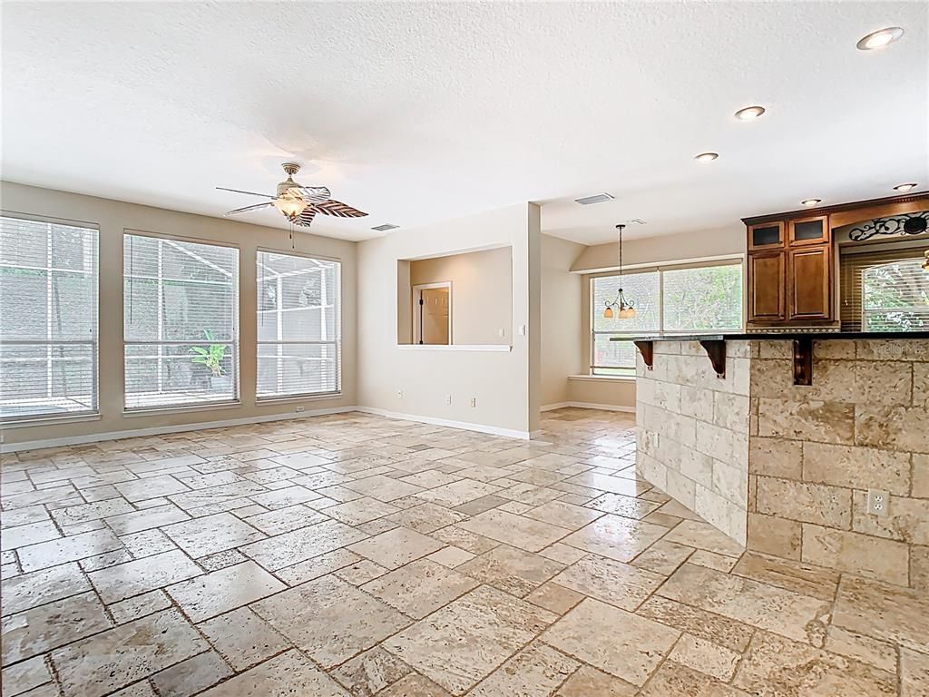Empty room, Interior, Pendant Lights, Recessed Lighting, Stone Walls