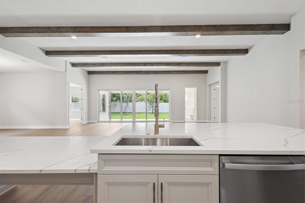 Interior, Kitchen, Recessed Lighting, Wooden Beams, Wood Texture Flooring