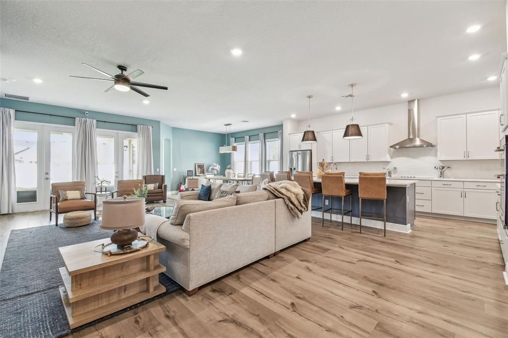 Dining room, Interior, Kitchen, Living room, Pendant Lights, Recessed Lighting, Wood Texture Flooring