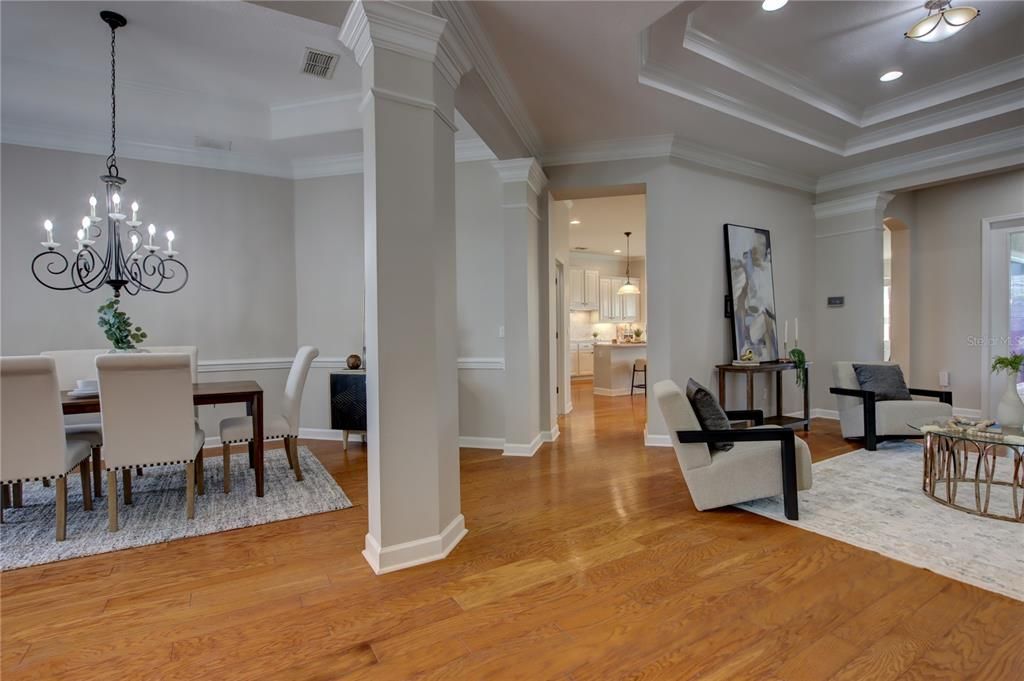 Chandelier, Dining room, Interior, Living room, Pendant Lights, Recessed Lighting, Wood Texture Flooring