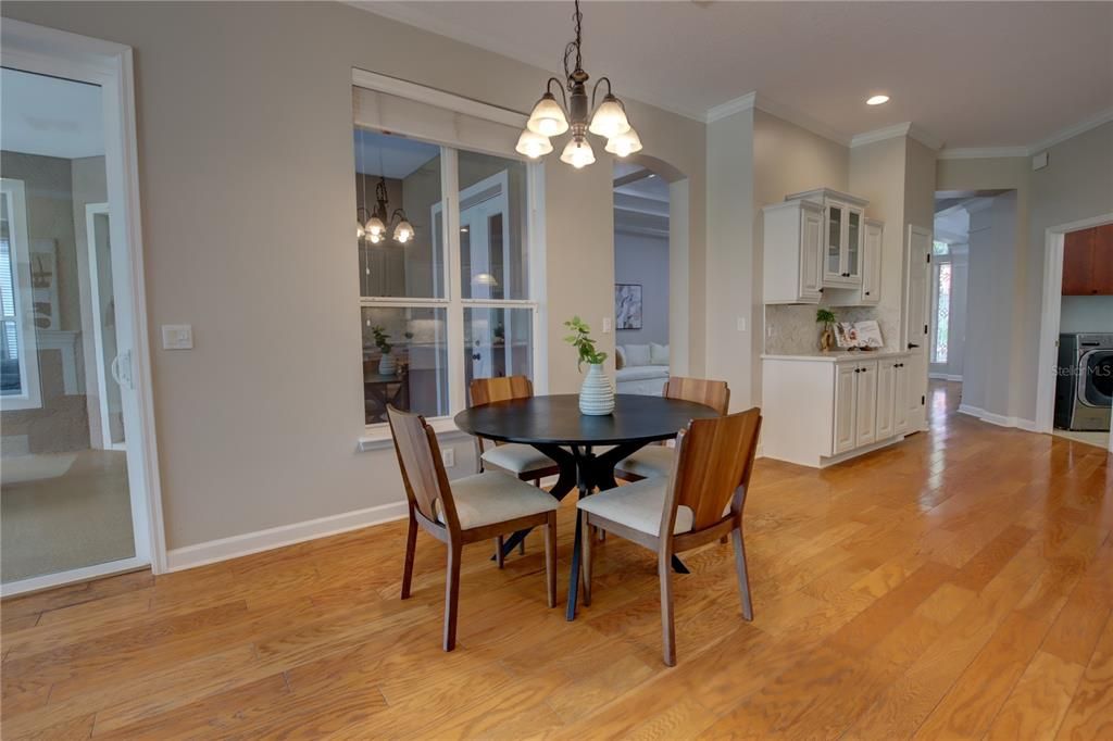 Chandelier, Dining room, Interior, Pendant Lights, Recessed Lighting, Wood Texture Flooring