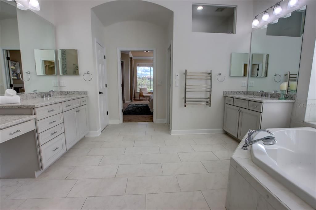 Bathroom, Dual Sink Vanities, Interior, Marble, Recessed Lighting