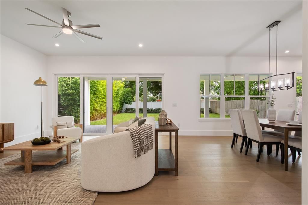 Chandelier, Dining room, Interior, Living room, Pendant Lights, Recessed Lighting, Wood Texture Flooring