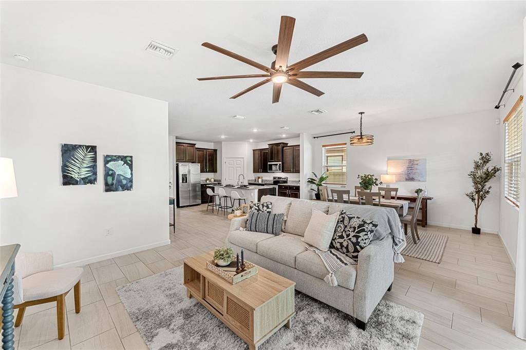 Dining room, Interior, Kitchen, Living room, Pendant Lights, Recessed Lighting, Stainless Steel Appliances, Wood Texture Flooring