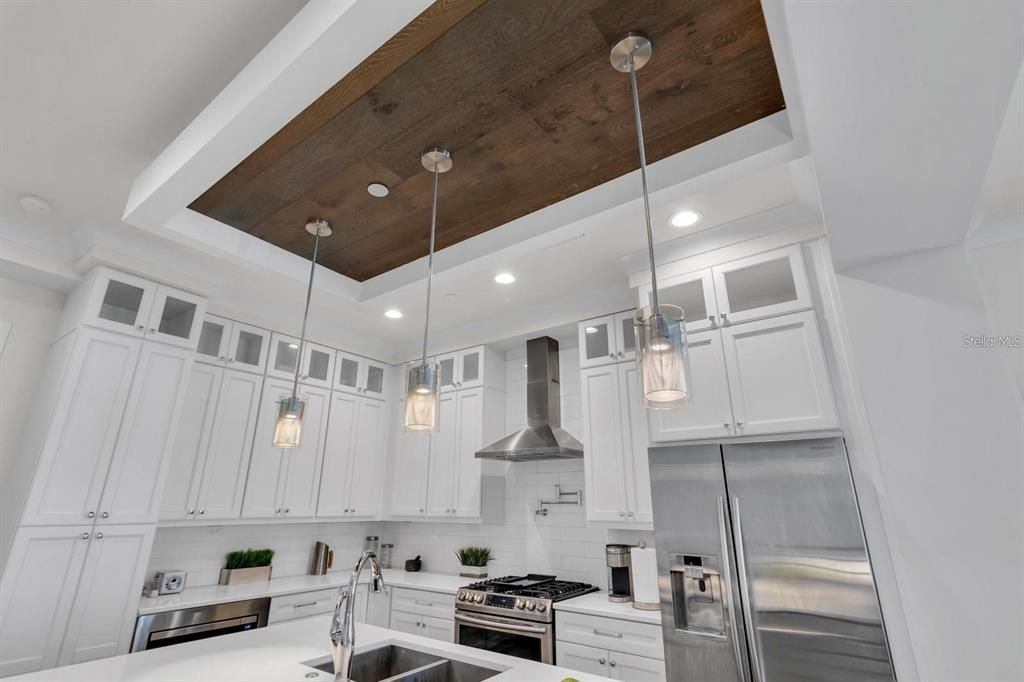 Interior, Kitchen, Pendant Lights, Recessed Lighting, Stainless Steel Appliances, Wooden Ceilings