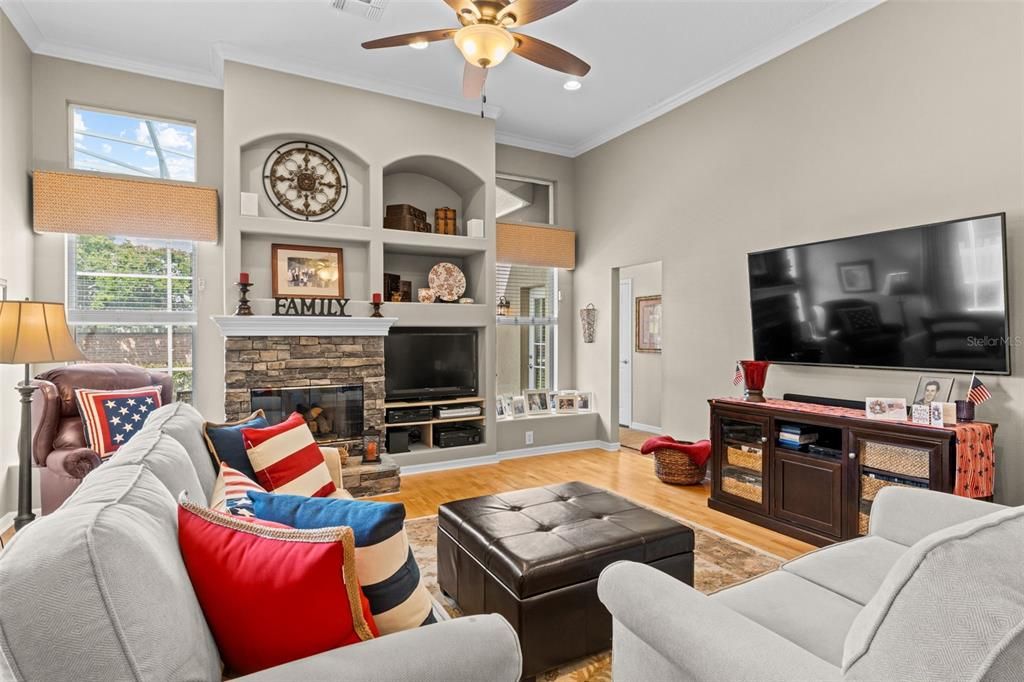 Fireplace, Interior, Living room, Recessed Lighting, Wood Texture Flooring