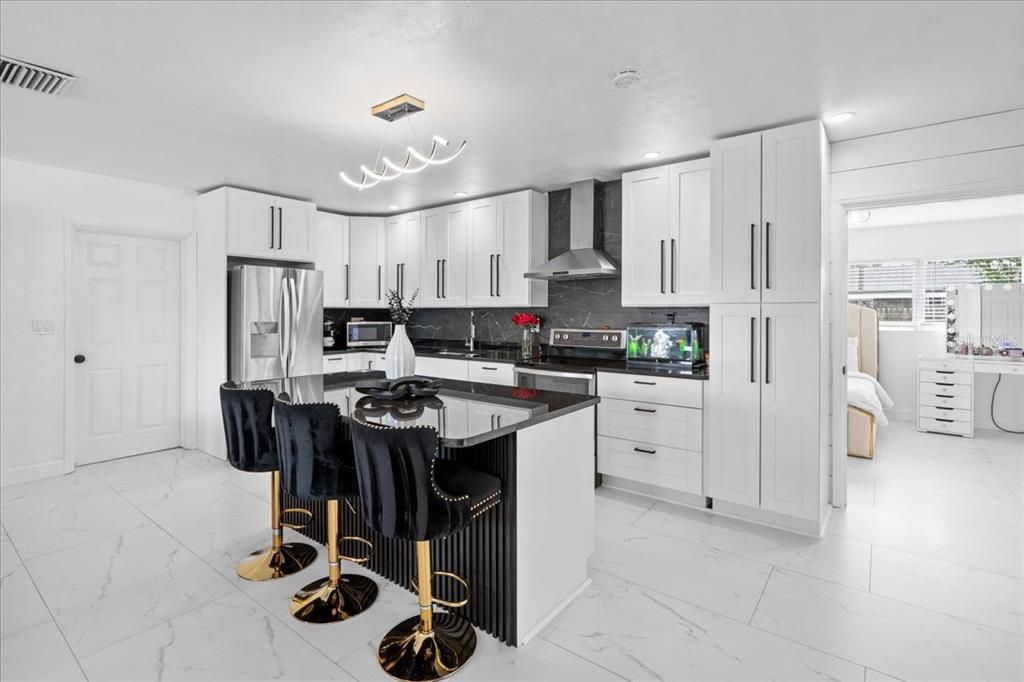 Interior, Kitchen, Marble, Pendant Lights, Recessed Lighting, Stainless Steel Appliances