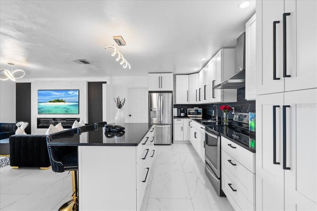 Interior, Kitchen, Living room, Marble, Recessed Lighting, Stainless Steel Appliances