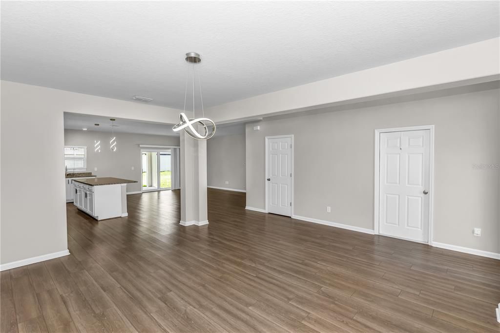 Empty room, Interior, Kitchen, Pendant Lights, Recessed Lighting, Wood Texture Flooring