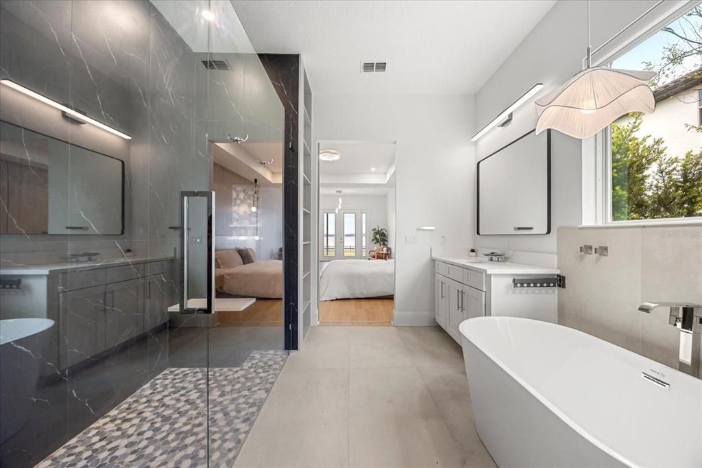 Bathroom, Bedroom, Dual Sink Vanities, Free Standing Baths, Glass Shower, Interior, Marble Walls, Recessed Lighting