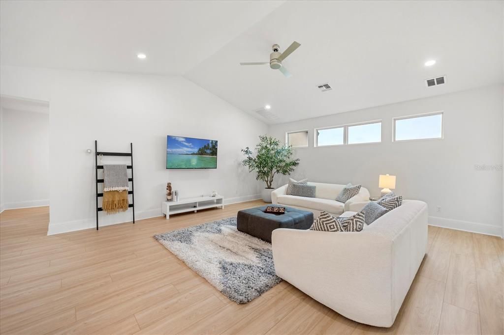 Interior, Living room, Recessed Lighting, Wood Texture Flooring