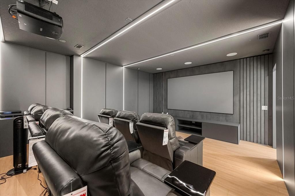 Home Theatre Room, Interior, Projection Screen, Recessed Lighting, Theatre Room, Wood Texture Flooring