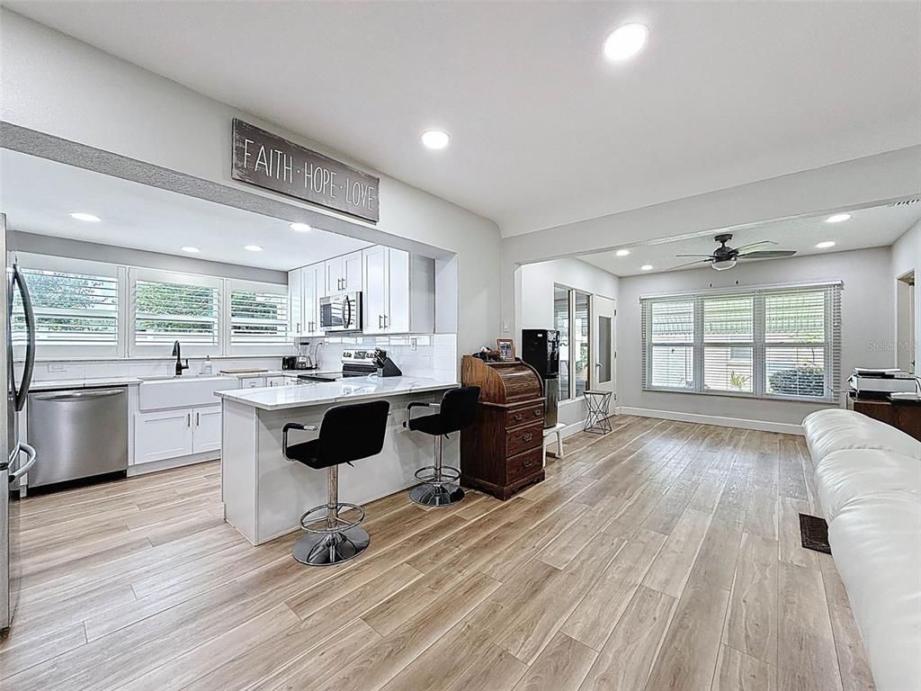 Interior, Kitchen, Recessed Lighting, Stainless Steel Appliances, Wood Texture Flooring