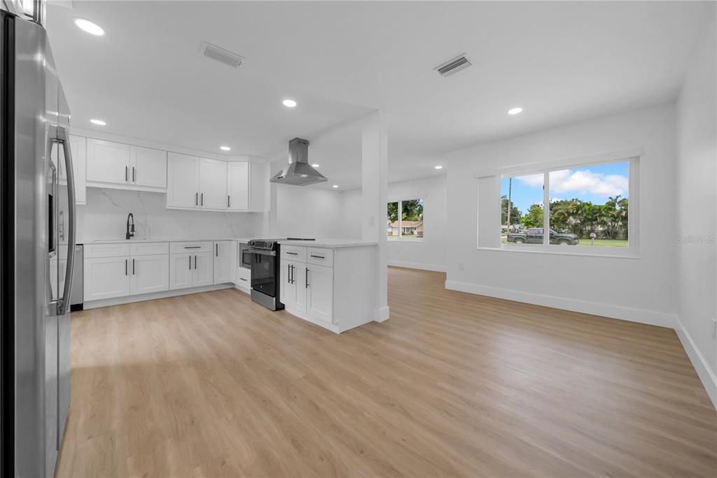 Interior, Kitchen, Recessed Lighting, Stainless Steel Appliances, Wood Texture Flooring