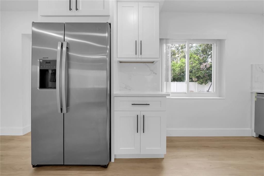 Interior, Kitchen, Marble Walls, Stainless Steel Appliances, Wood Texture Flooring