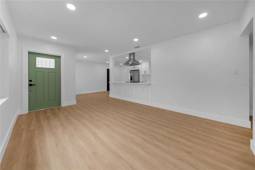 Empty room, Interior, Kitchen, Recessed Lighting, Wood Texture Flooring