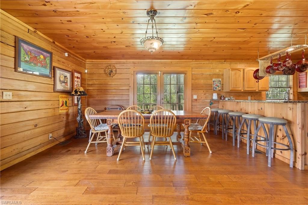 Dining room, Interior, Pendant Lights, Wooden Ceilings, Wood Texture Flooring, Wooden Walls