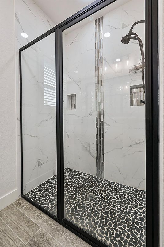 Bathroom, Glass Shower, Interior, Marble Walls, Recessed Lighting, Wood Texture Flooring