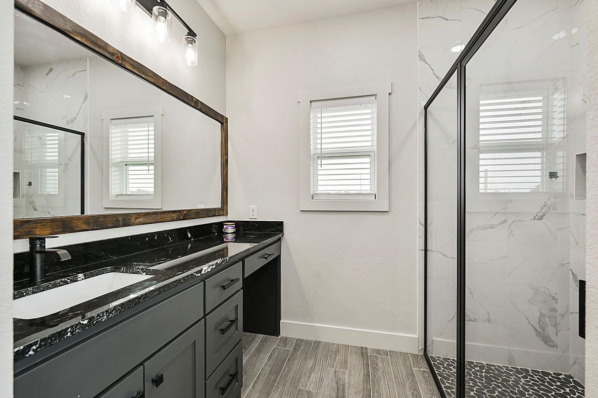 Bathroom, Dual Sink Vanities, Glass Shower, Interior, Marble Walls, Wood Texture Flooring